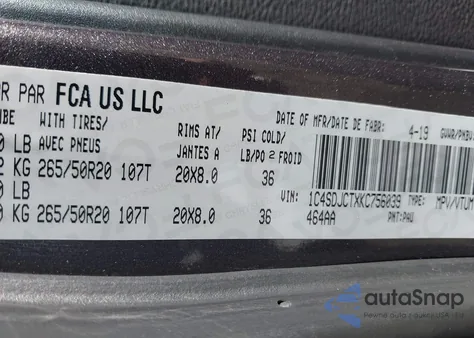 2019 Dodge Durango R/T z USA, uszkodzony, nr VIN 1C4SDJCTXKC756039